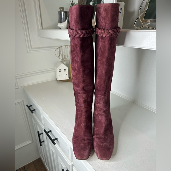 Valentino Garavani Suede Knee-High Boots Braided Strap | Wine Burgundy – Size 9 - Picture 7 of 13